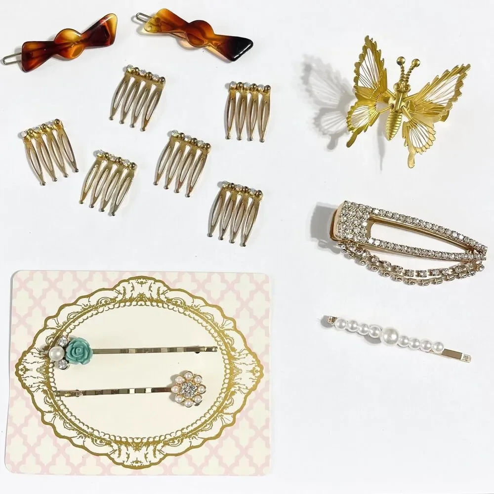 Vtg Retro Gold Tone Hair Barrettes Pins Combs Clip Rhinestone Butterfly Flower